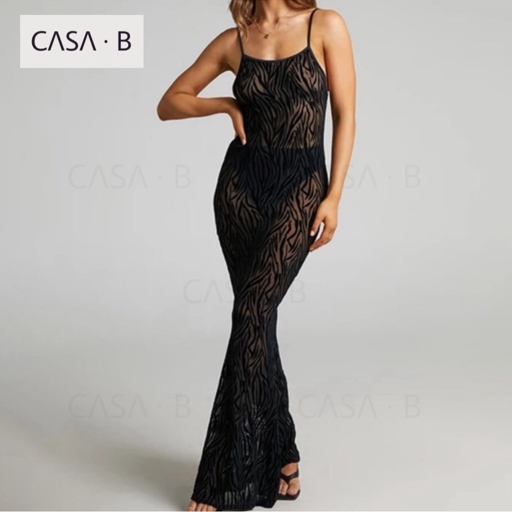 5⭐️ CASA B | Marjorie Sheer Open-Back Velvet Sheath Mermaid Maxi Slip Dress